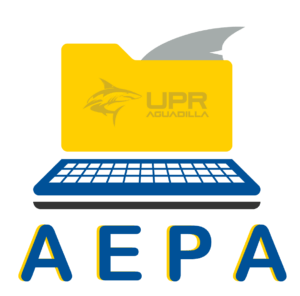 logo oficial de la Asociación de Estudiantil de Profesionales Administrativos. Consiste de un cartapacio color amarillo con una aleta de tiburón en gris y un teclado en color azul, el conjunto de las imágenes forman una computadora portátil. Posee las siglas AEPA