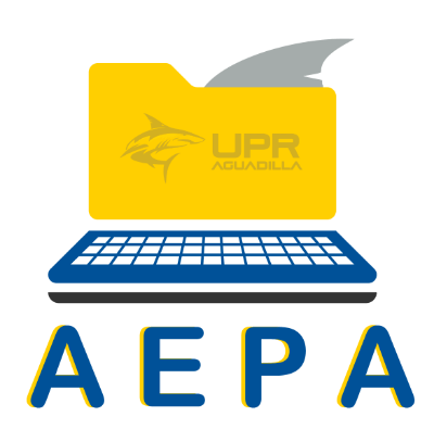 logo oficial de la Asociación de Estudiantil de Profesionales Administrativos. Consiste de un cartapacio color amarillo con una aleta de tiburón en gris y un teclado en color azul, el conjunto de las imágenes forman una computadora portátil. Posee las siglas AEPA